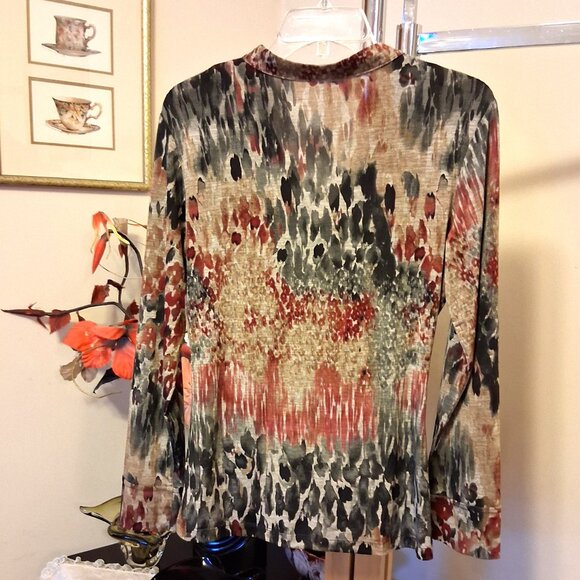 NWT Robert Kitchen Women's Burgundy Black Beige Printed Blouse Size 10 M - Picture 10 of 13